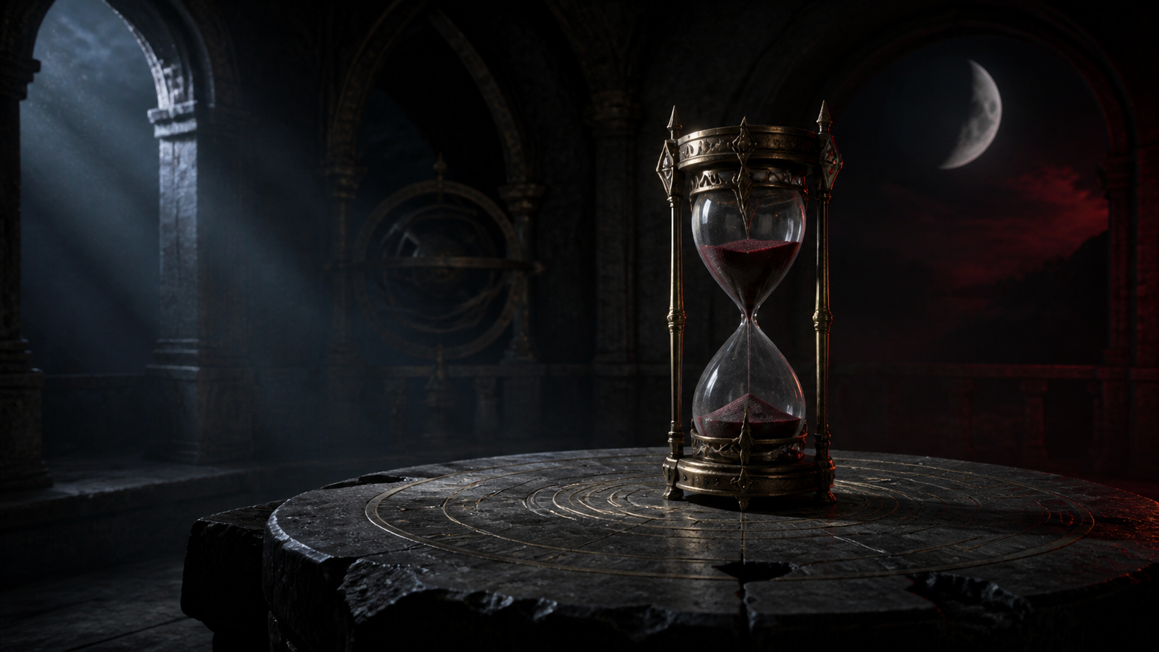 An antique hourglass filled with dark red sand stands in a moonlit stone observatory.