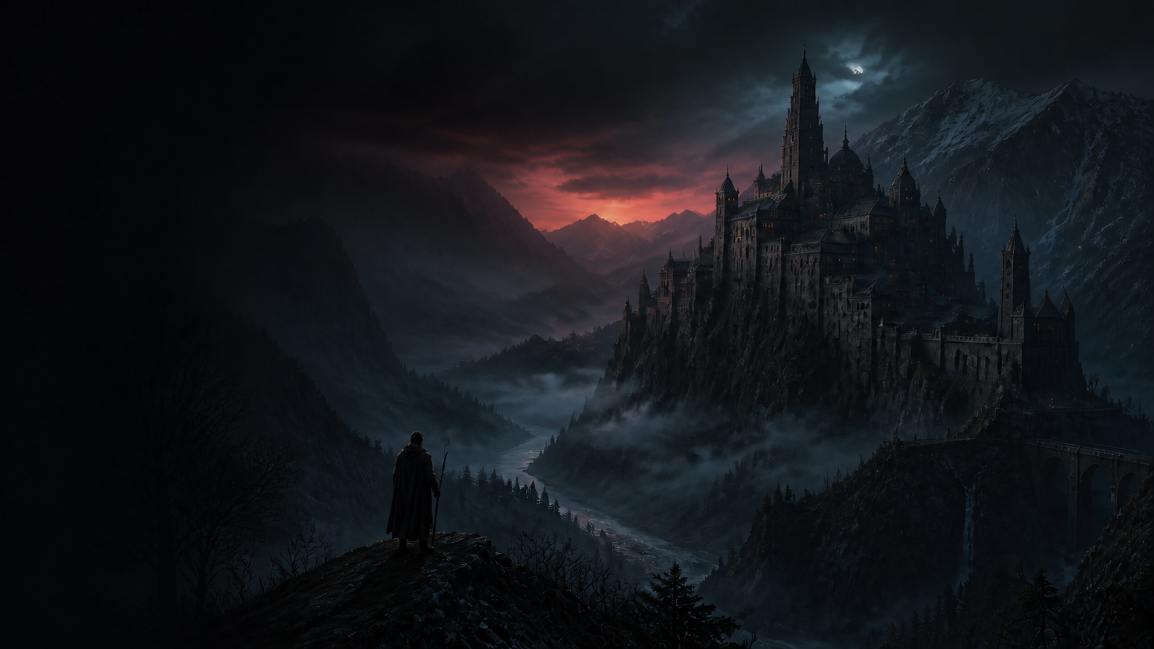 A lone traveler overlooks a misty mountain valley and a distant gothic fortress.