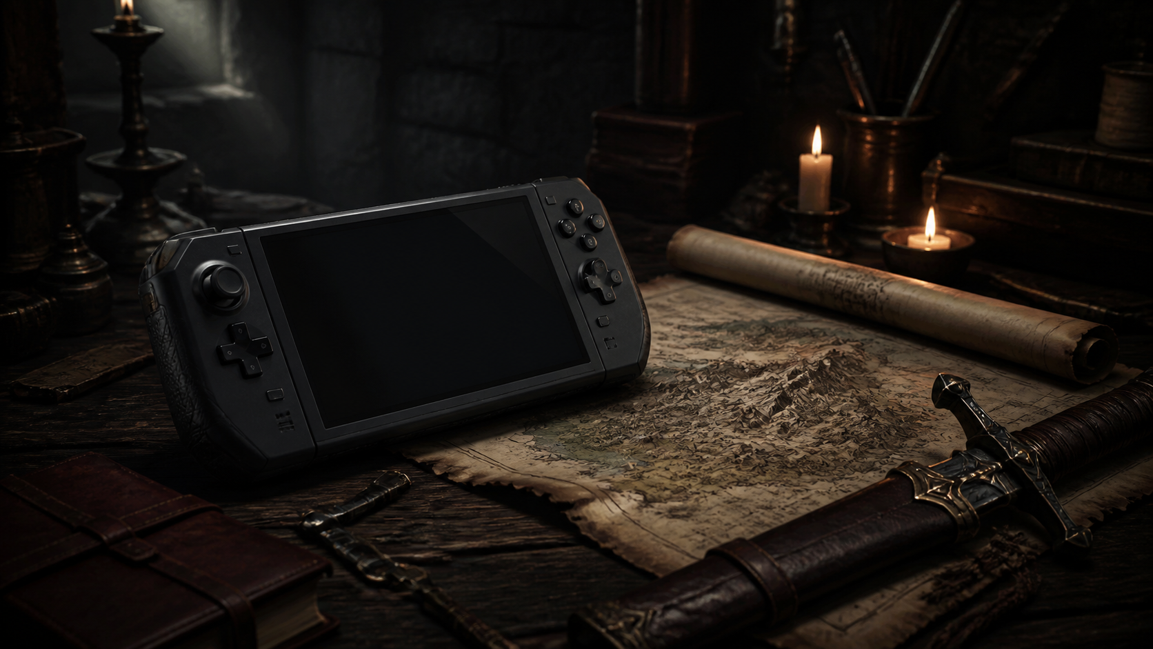 An unbranded handheld gaming computer rests beside a medieval map and sword.