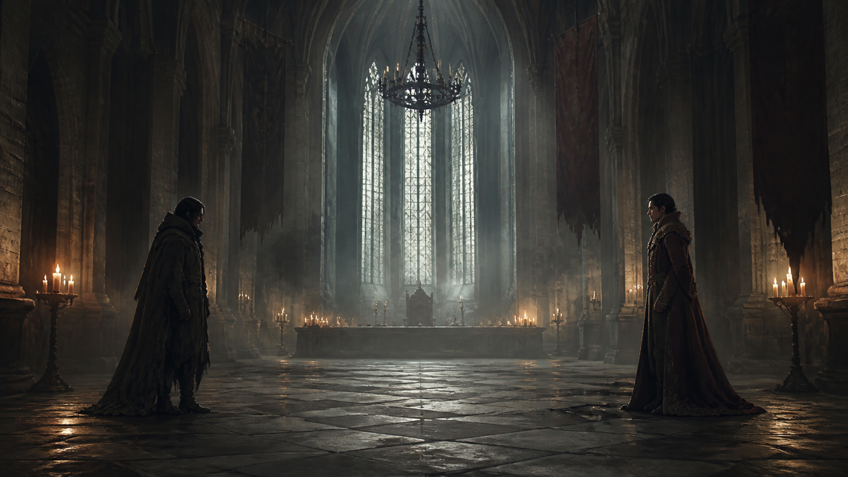 Two shadowed figures face one another across a vast candlelit gothic hall.